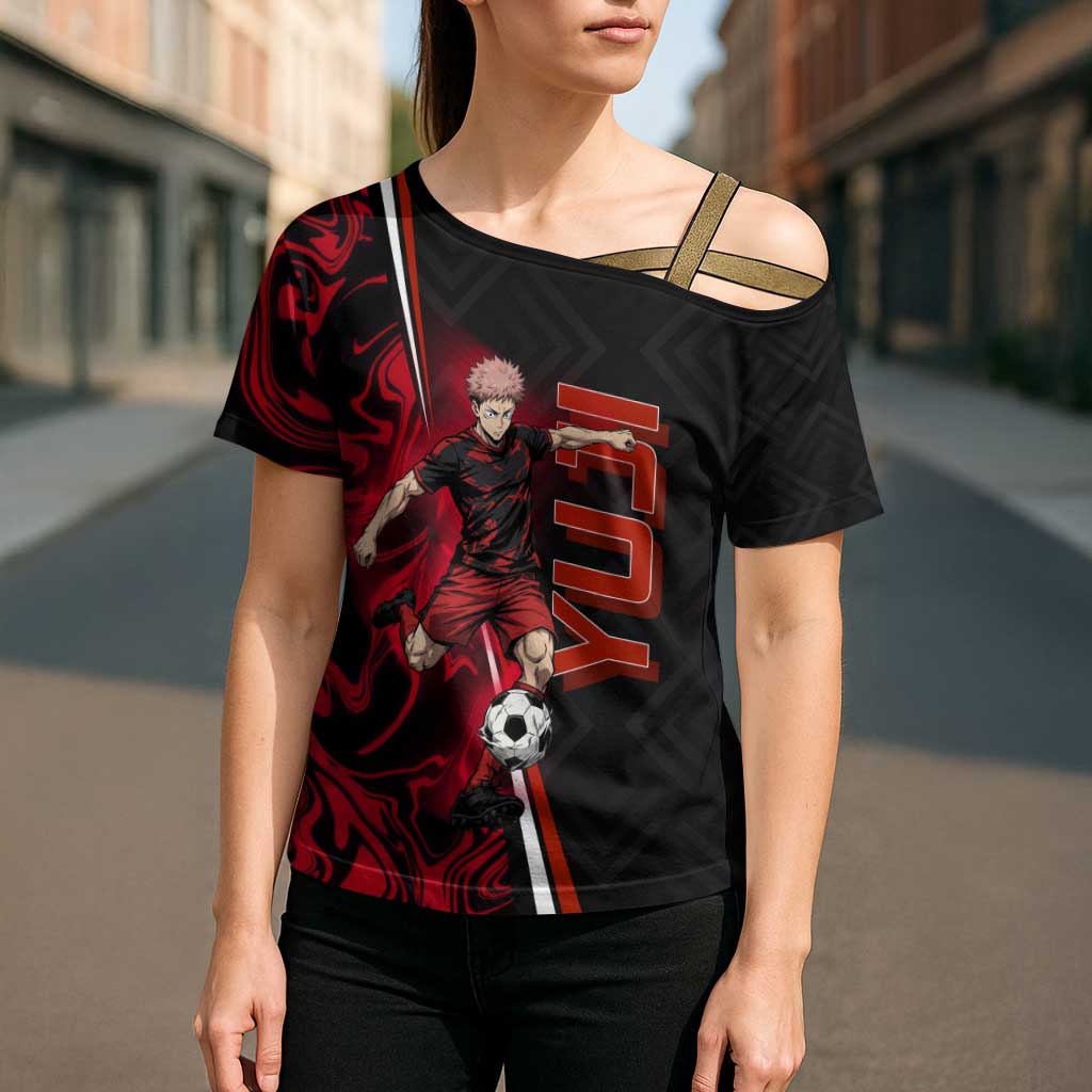 Personalized Yuji Itadori Jujutsu Kaisen Soccer Theme Cross Shoulder Shirt with Dynamic Kick Pose and Red Black Flame Graphic Design - The Mazicc