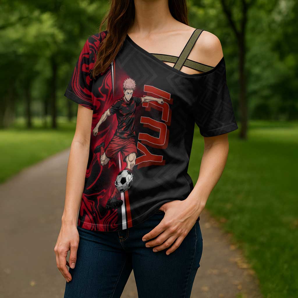 Personalized Yuji Itadori Jujutsu Kaisen Soccer Theme Cross Shoulder Shirt with Dynamic Kick Pose and Red Black Flame Graphic Design - The Mazicc