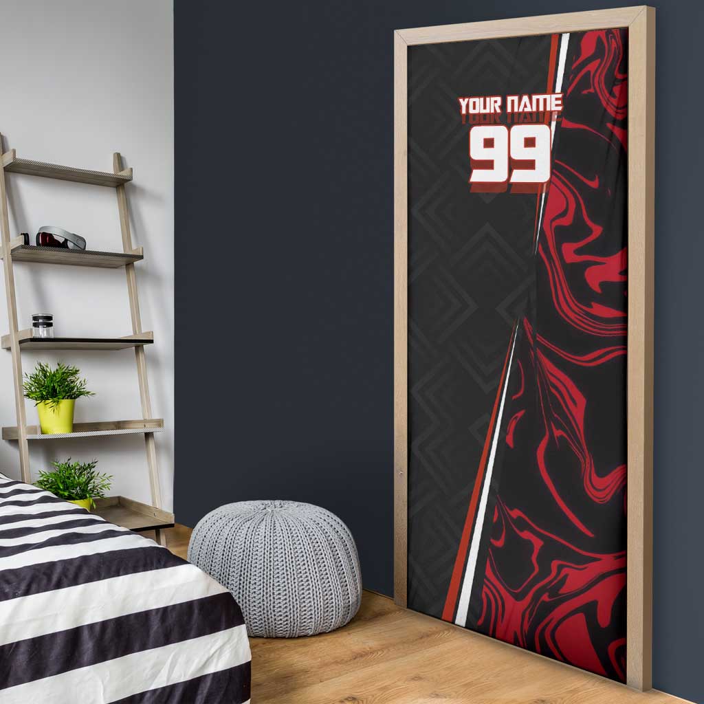 Personalized Yuji Itadori Jujutsu Kaisen Soccer Theme Door Cover with Dynamic Kick Pose and Red Black Flame Graphic Design - The Mazicc