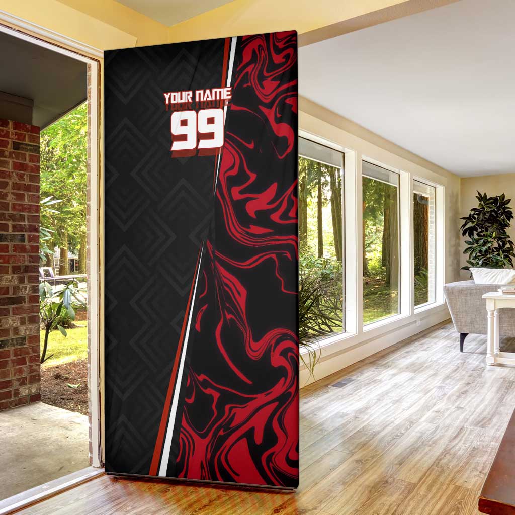 Personalized Yuji Itadori Jujutsu Kaisen Soccer Theme Door Cover with Dynamic Kick Pose and Red Black Flame Graphic Design - The Mazicc