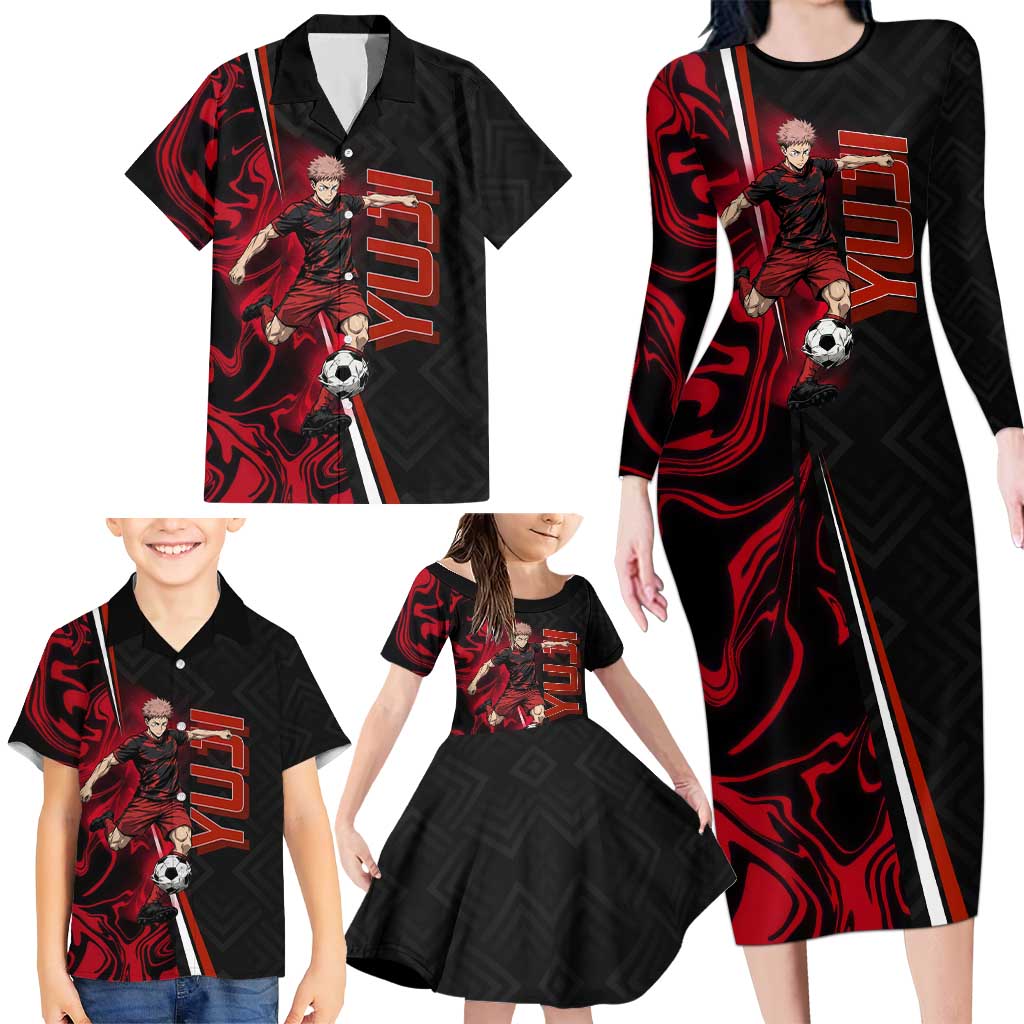 Personalized Yuji Itadori Jujutsu Kaisen Soccer Theme Family Matching Long Sleeve Bodycon Dress and Hawaiian Shirt with Dynamic Kick Pose and Red Black Flame Graphic Design