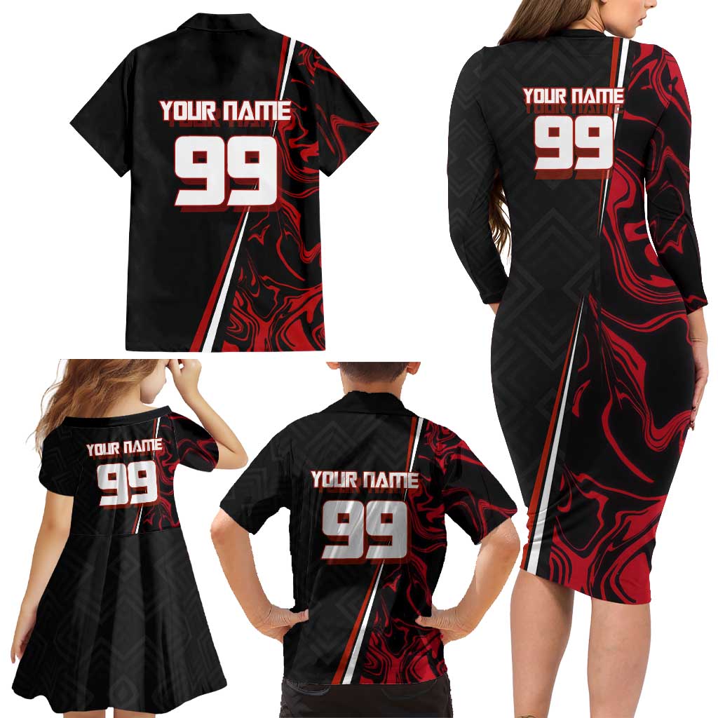 Personalized Yuji Itadori Jujutsu Kaisen Soccer Theme Family Matching Long Sleeve Bodycon Dress and Hawaiian Shirt with Dynamic Kick Pose and Red Black Flame Graphic Design
