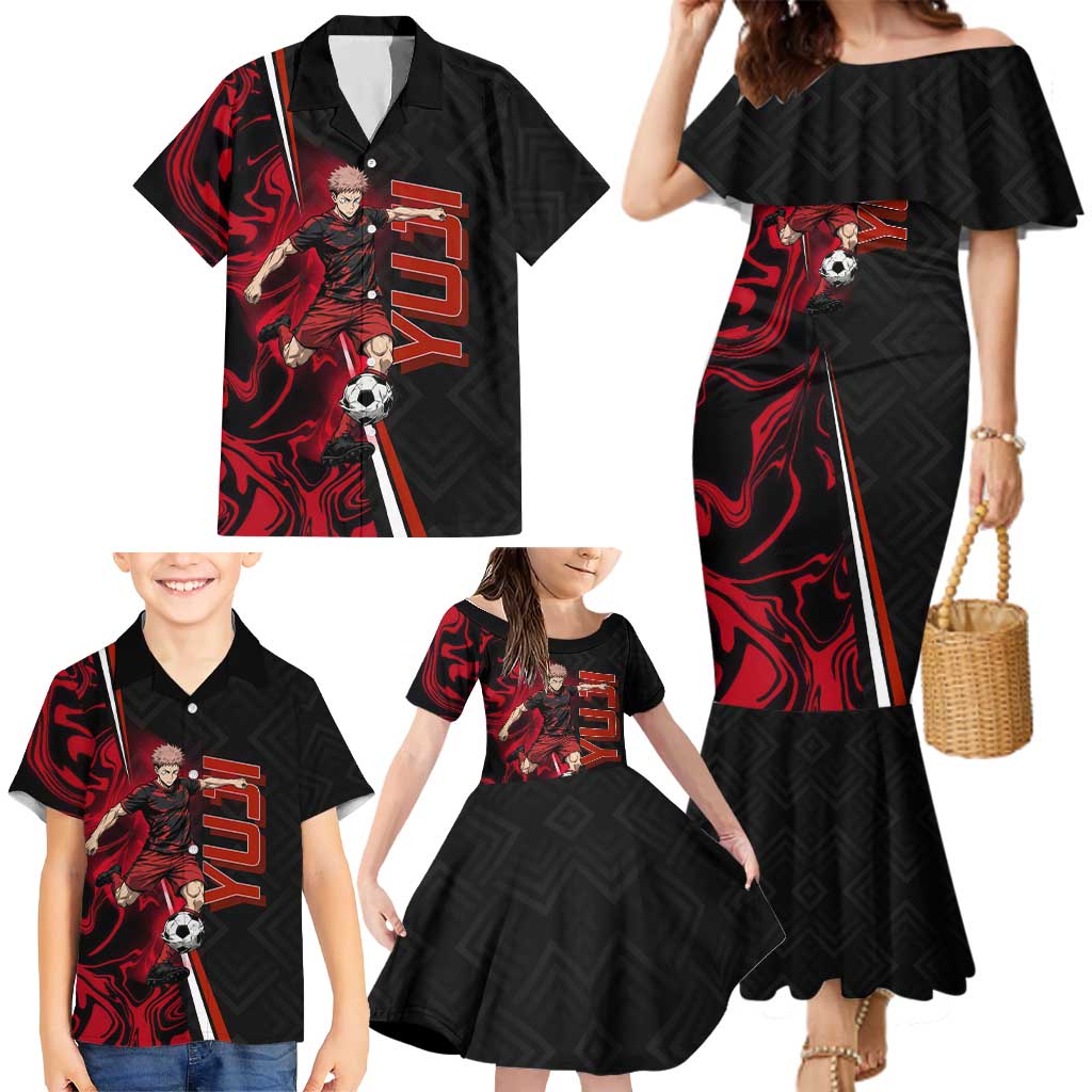 Personalized Yuji Itadori Jujutsu Kaisen Soccer Theme Family Matching Mermaid Dress and Hawaiian Shirt with Dynamic Kick Pose and Red Black Flame Graphic Design