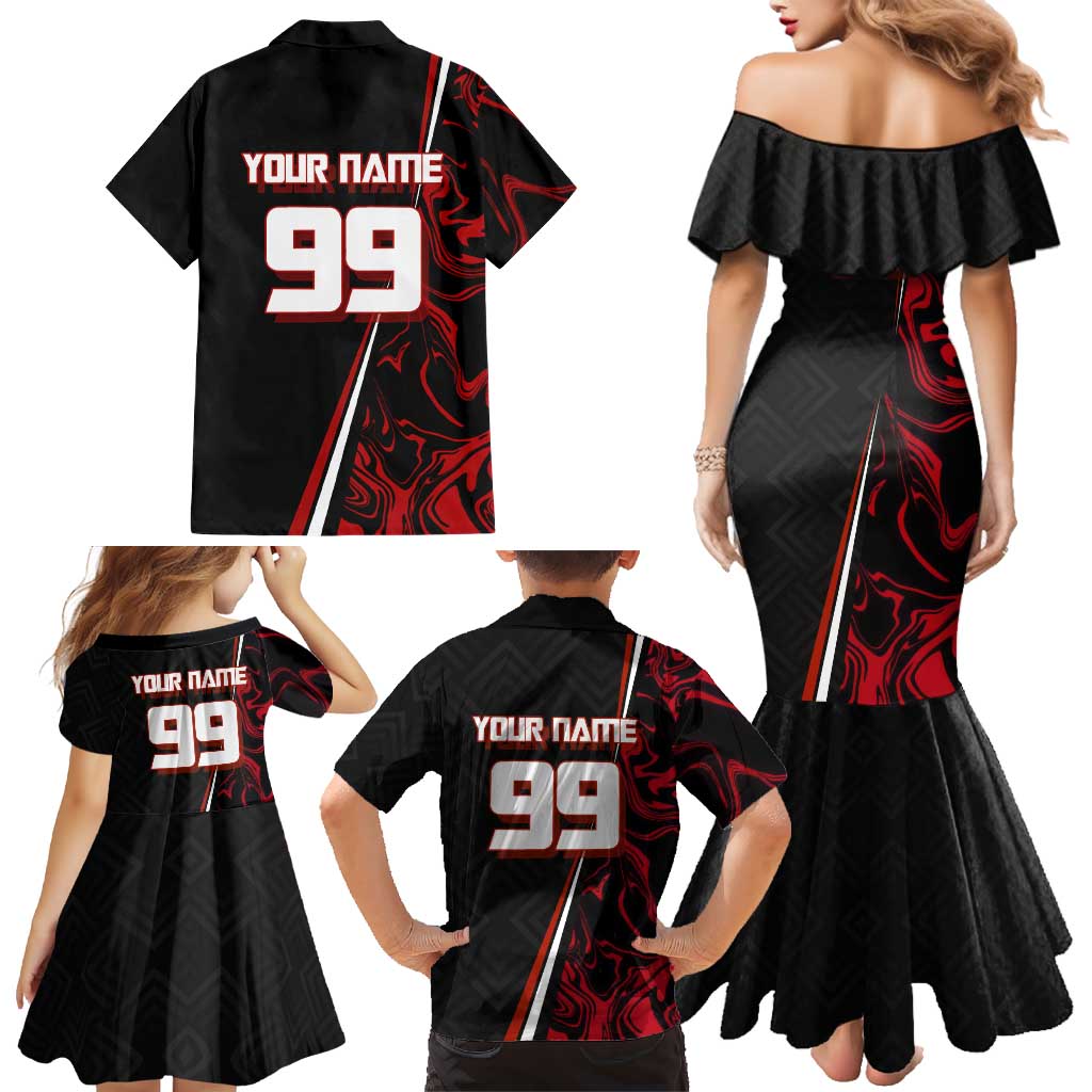 Personalized Yuji Itadori Jujutsu Kaisen Soccer Theme Family Matching Mermaid Dress and Hawaiian Shirt with Dynamic Kick Pose and Red Black Flame Graphic Design