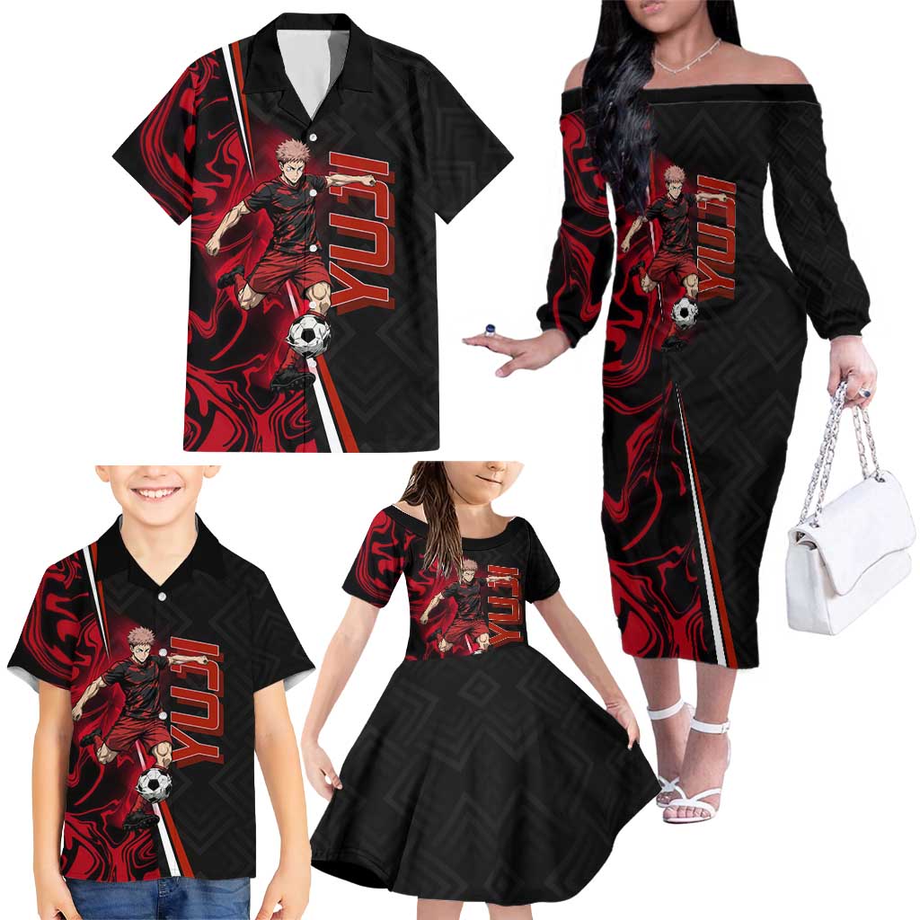 Personalized Yuji Itadori Jujutsu Kaisen Soccer Theme Family Matching Off The Shoulder Long Sleeve Dress and Hawaiian Shirt with Dynamic Kick Pose and Red Black Flame Graphic Design