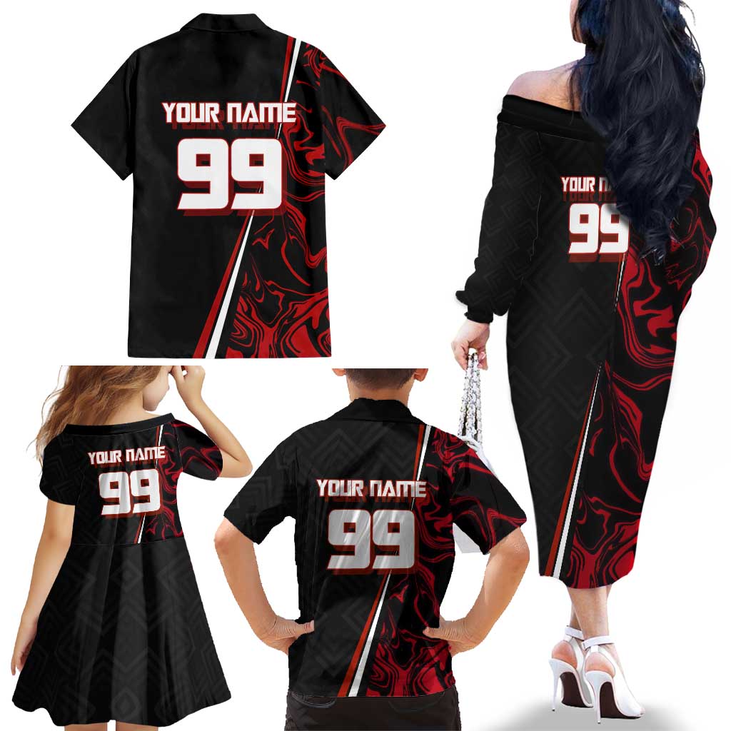 Personalized Yuji Itadori Jujutsu Kaisen Soccer Theme Family Matching Off The Shoulder Long Sleeve Dress and Hawaiian Shirt with Dynamic Kick Pose and Red Black Flame Graphic Design