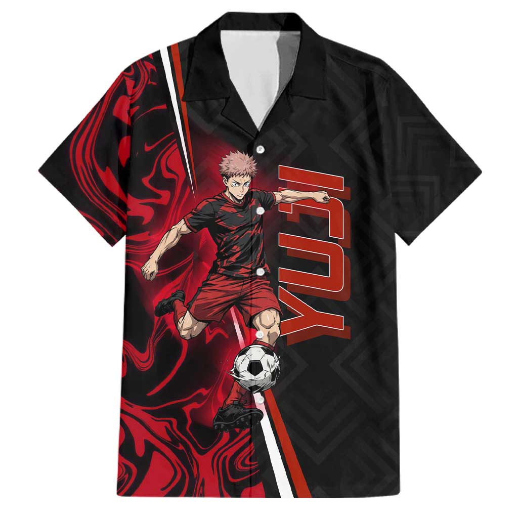 Personalized Yuji Itadori Jujutsu Kaisen Soccer Theme Family Matching Off The Shoulder Long Sleeve Dress and Hawaiian Shirt with Dynamic Kick Pose and Red Black Flame Graphic Design