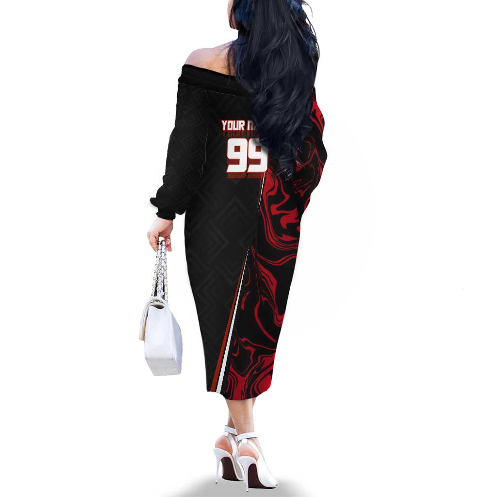 Personalized Yuji Itadori Jujutsu Kaisen Soccer Theme Family Matching Off The Shoulder Long Sleeve Dress and Hawaiian Shirt with Dynamic Kick Pose and Red Black Flame Graphic Design