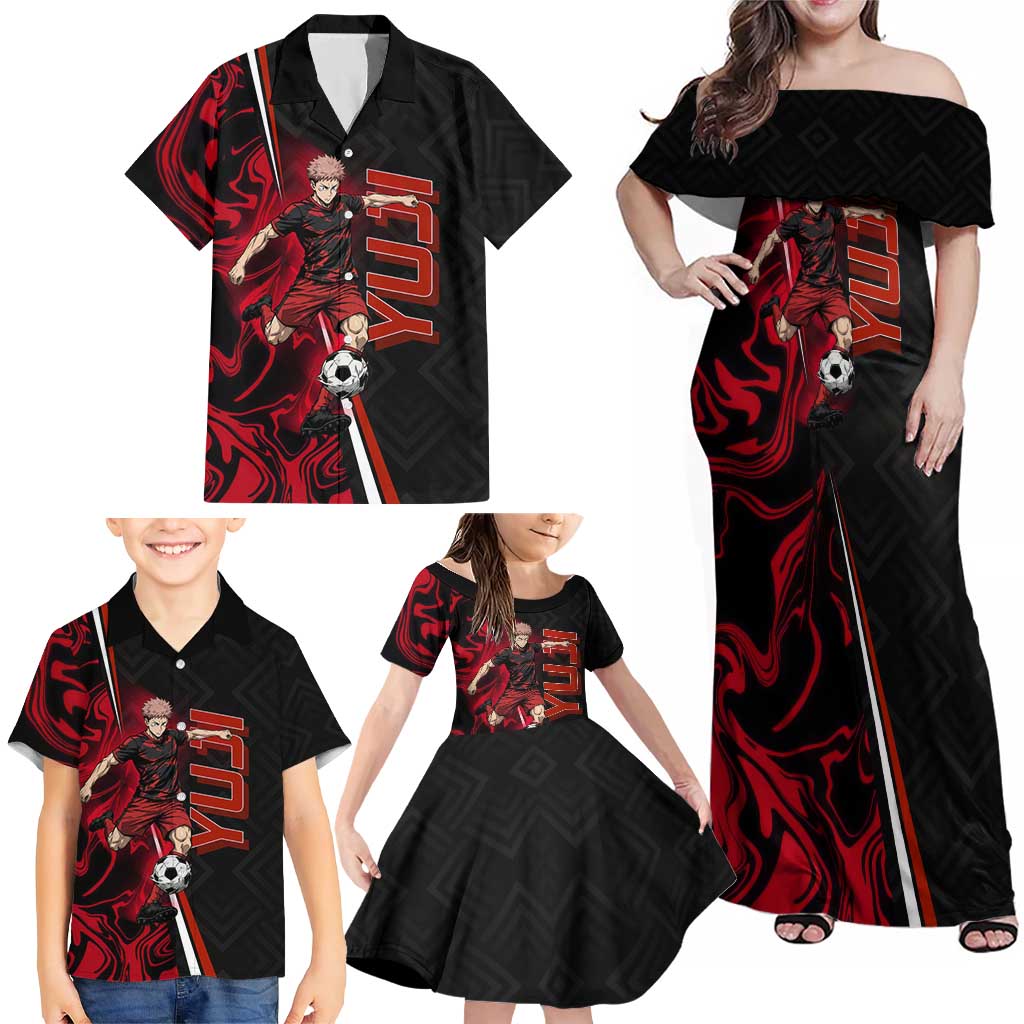 Personalized Yuji Itadori Jujutsu Kaisen Soccer Theme Family Matching Off Shoulder Maxi Dress and Hawaiian Shirt with Dynamic Kick Pose and Red Black Flame Graphic Design