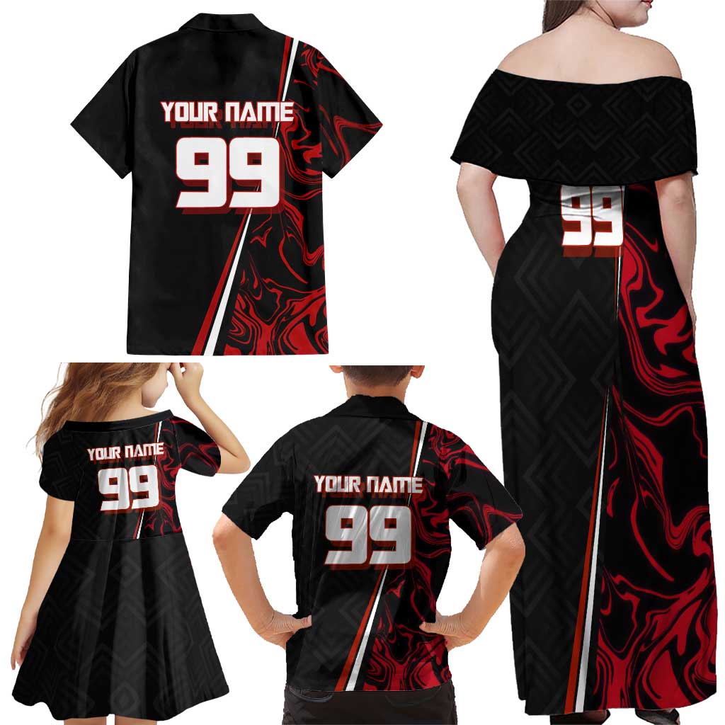 Personalized Yuji Itadori Jujutsu Kaisen Soccer Theme Family Matching Off Shoulder Maxi Dress and Hawaiian Shirt with Dynamic Kick Pose and Red Black Flame Graphic Design