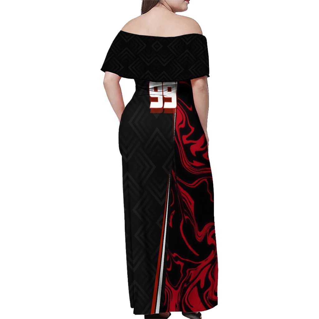 Personalized Yuji Itadori Jujutsu Kaisen Soccer Theme Family Matching Off Shoulder Maxi Dress and Hawaiian Shirt with Dynamic Kick Pose and Red Black Flame Graphic Design