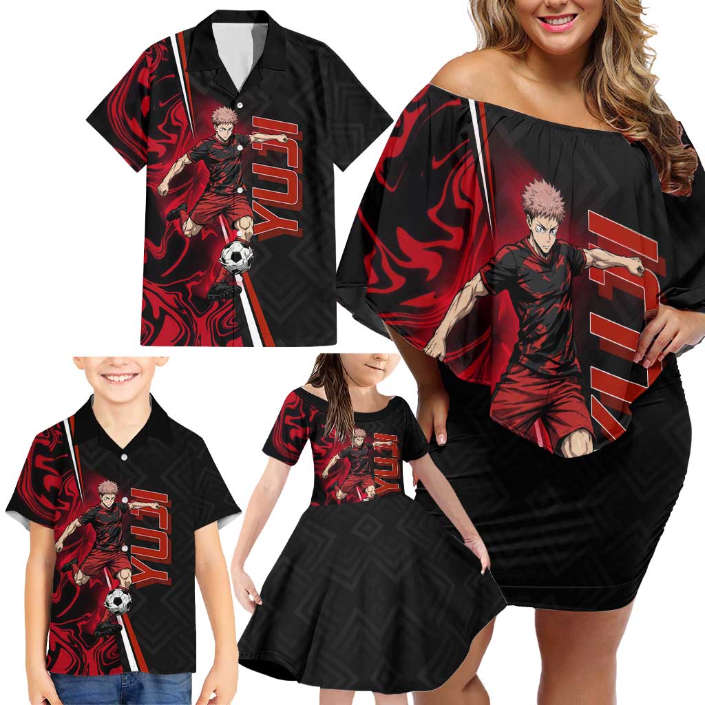 Personalized Yuji Itadori Jujutsu Kaisen Soccer Theme Family Matching Off Shoulder Short Dress and Hawaiian Shirt with Dynamic Kick Pose and Red Black Flame Graphic Design