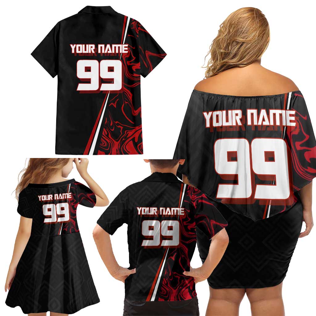 Personalized Yuji Itadori Jujutsu Kaisen Soccer Theme Family Matching Off Shoulder Short Dress and Hawaiian Shirt with Dynamic Kick Pose and Red Black Flame Graphic Design