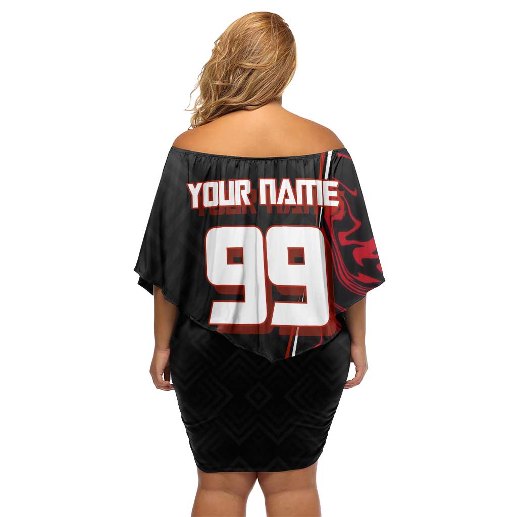 Personalized Yuji Itadori Jujutsu Kaisen Soccer Theme Family Matching Off Shoulder Short Dress and Hawaiian Shirt with Dynamic Kick Pose and Red Black Flame Graphic Design