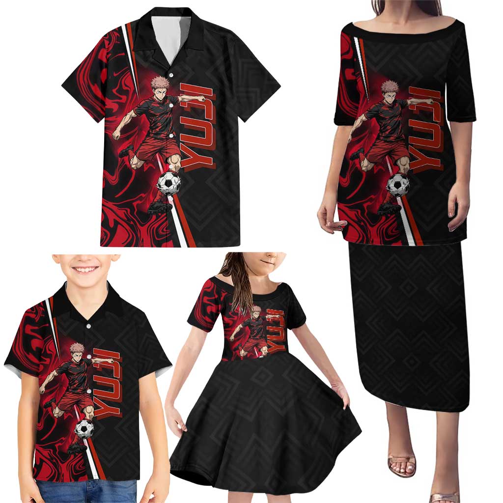 Personalized Yuji Itadori Jujutsu Kaisen Soccer Theme Family Matching Puletasi and Hawaiian Shirt with Dynamic Kick Pose and Red Black Flame Graphic Design