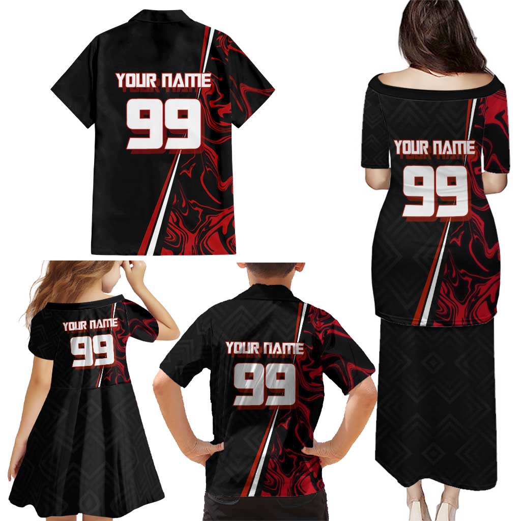 Personalized Yuji Itadori Jujutsu Kaisen Soccer Theme Family Matching Puletasi and Hawaiian Shirt with Dynamic Kick Pose and Red Black Flame Graphic Design