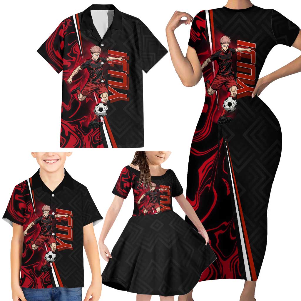 Personalized Yuji Itadori Jujutsu Kaisen Soccer Theme Family Matching Short Sleeve Bodycon Dress and Hawaiian Shirt with Dynamic Kick Pose and Red Black Flame Graphic Design