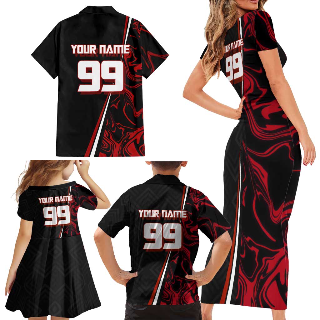 Personalized Yuji Itadori Jujutsu Kaisen Soccer Theme Family Matching Short Sleeve Bodycon Dress and Hawaiian Shirt with Dynamic Kick Pose and Red Black Flame Graphic Design