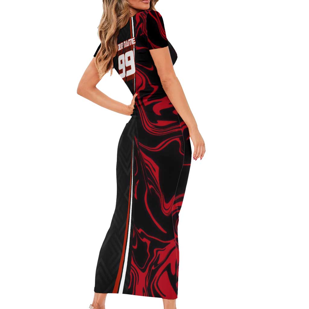 Personalized Yuji Itadori Jujutsu Kaisen Soccer Theme Family Matching Short Sleeve Bodycon Dress and Hawaiian Shirt with Dynamic Kick Pose and Red Black Flame Graphic Design