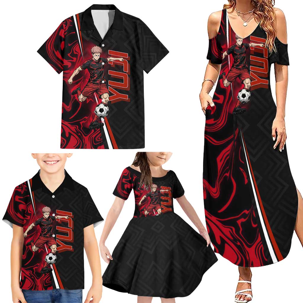 Personalized Yuji Itadori Jujutsu Kaisen Soccer Theme Family Matching Summer Maxi Dress and Hawaiian Shirt with Dynamic Kick Pose and Red Black Flame Graphic Design