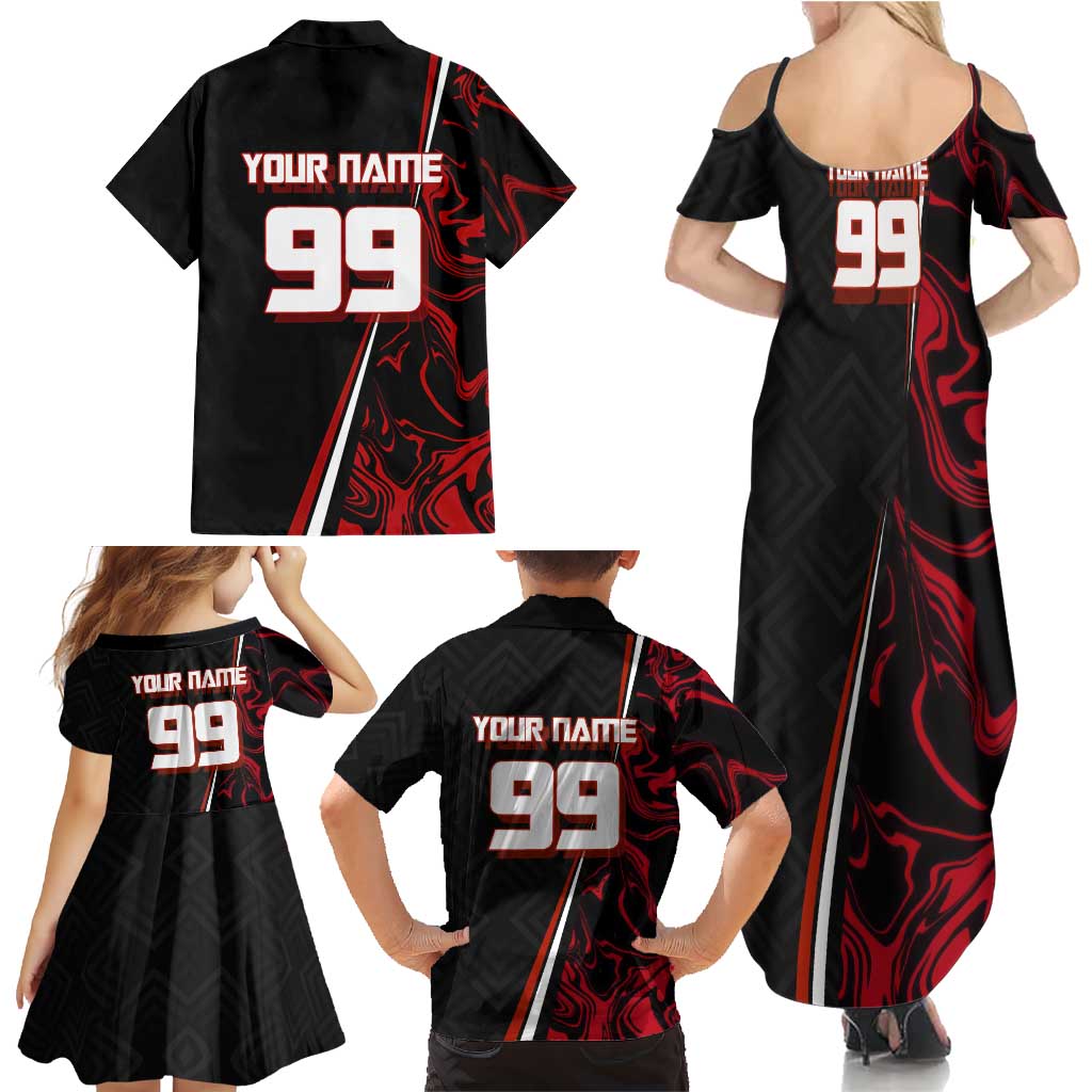 Personalized Yuji Itadori Jujutsu Kaisen Soccer Theme Family Matching Summer Maxi Dress and Hawaiian Shirt with Dynamic Kick Pose and Red Black Flame Graphic Design