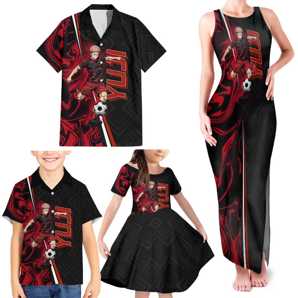 Personalized Yuji Itadori Jujutsu Kaisen Soccer Theme Family Matching Tank Maxi Dress and Hawaiian Shirt with Dynamic Kick Pose and Red Black Flame Graphic Design