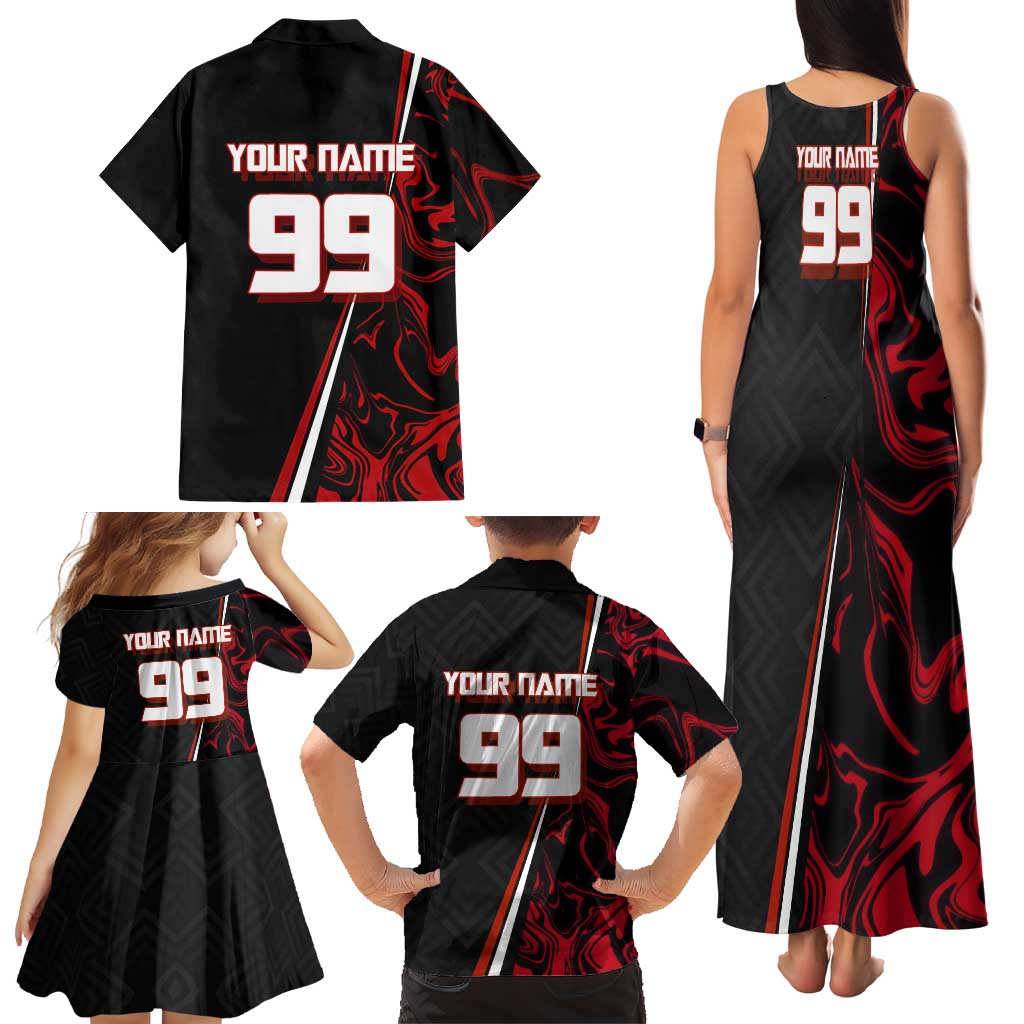 Personalized Yuji Itadori Jujutsu Kaisen Soccer Theme Family Matching Tank Maxi Dress and Hawaiian Shirt with Dynamic Kick Pose and Red Black Flame Graphic Design