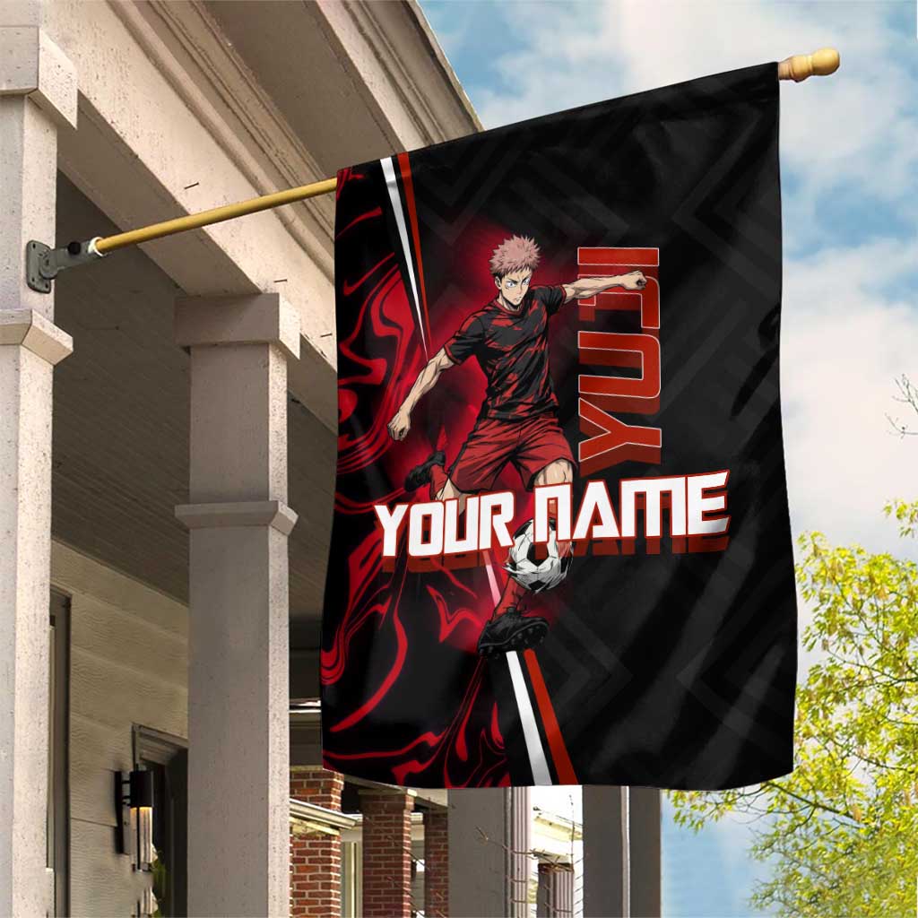 Personalized Yuji Itadori Jujutsu Kaisen Soccer Theme Garden Flag with Dynamic Kick Pose and Red Black Flame Graphic Design - The Mazicc