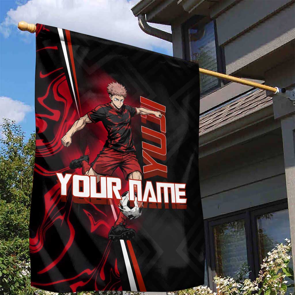 Personalized Yuji Itadori Jujutsu Kaisen Soccer Theme Garden Flag with Dynamic Kick Pose and Red Black Flame Graphic Design - The Mazicc