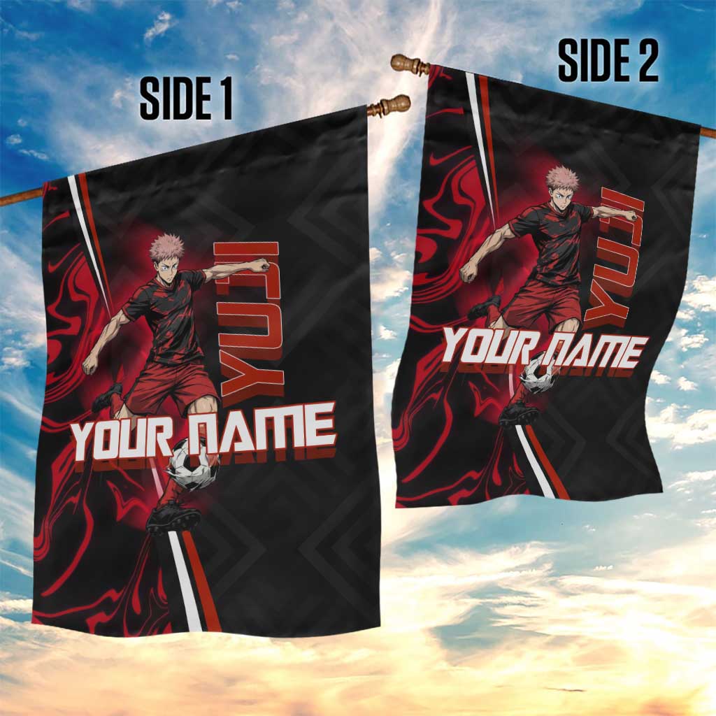 Personalized Yuji Itadori Jujutsu Kaisen Soccer Theme Garden Flag with Dynamic Kick Pose and Red Black Flame Graphic Design - The Mazicc