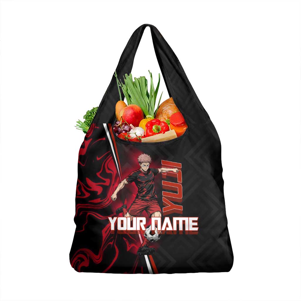 Personalized Yuji Itadori Jujutsu Kaisen Soccer Theme Grocery Bag with Dynamic Kick Pose and Red Black Flame Graphic Design - The Mazicc