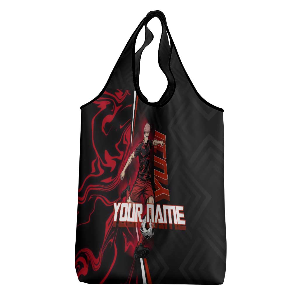 Personalized Yuji Itadori Jujutsu Kaisen Soccer Theme Grocery Bag with Dynamic Kick Pose and Red Black Flame Graphic Design - The Mazicc