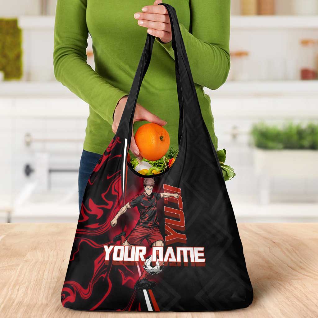 Personalized Yuji Itadori Jujutsu Kaisen Soccer Theme Grocery Bag with Dynamic Kick Pose and Red Black Flame Graphic Design - The Mazicc