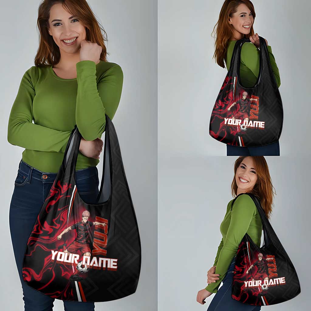 Personalized Yuji Itadori Jujutsu Kaisen Soccer Theme Grocery Bag with Dynamic Kick Pose and Red Black Flame Graphic Design - The Mazicc