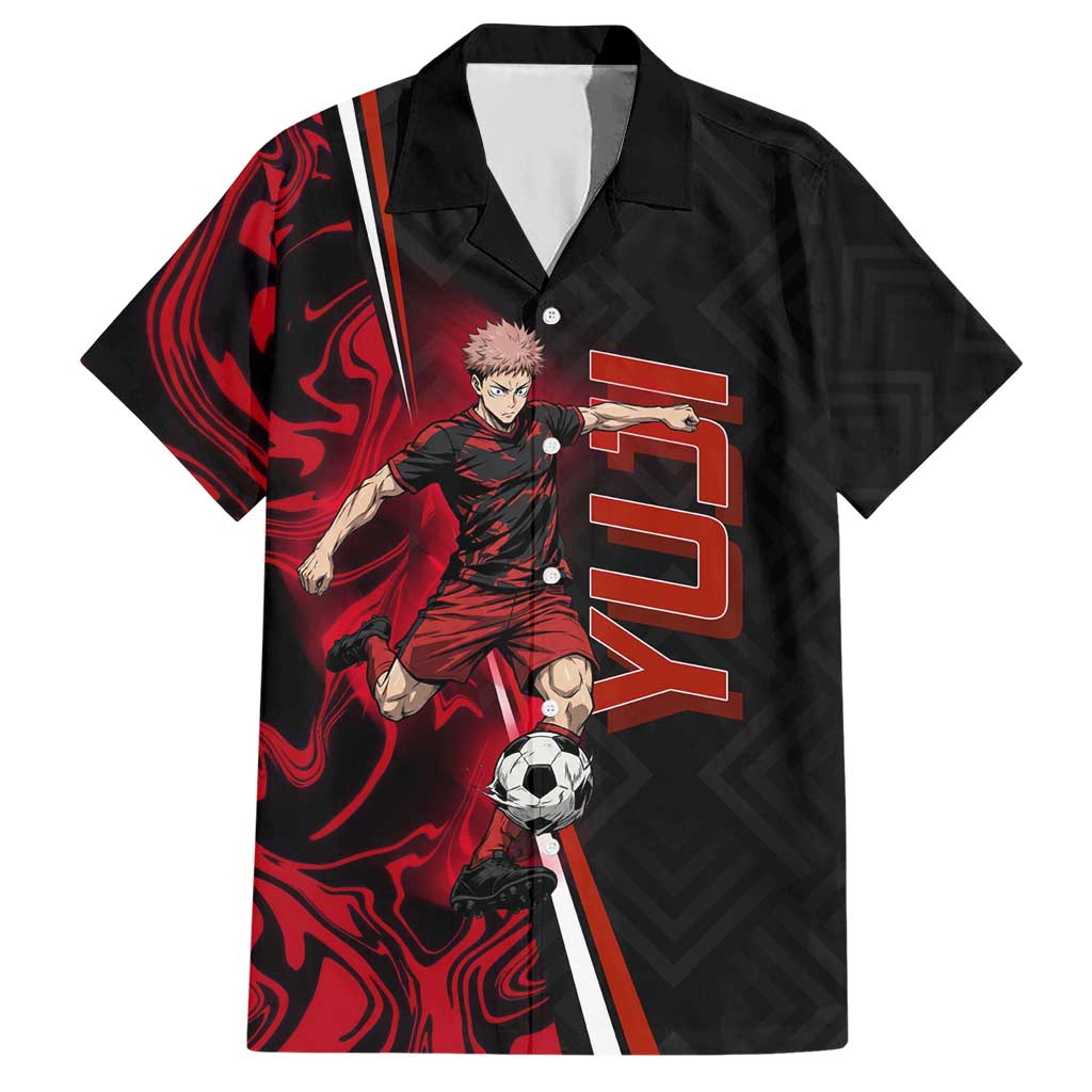 Personalized Yuji Itadori Jujutsu Kaisen Soccer Theme Hawaiian Shirt with Dynamic Kick Pose and Red Black Flame Graphic Design - The Mazicc
