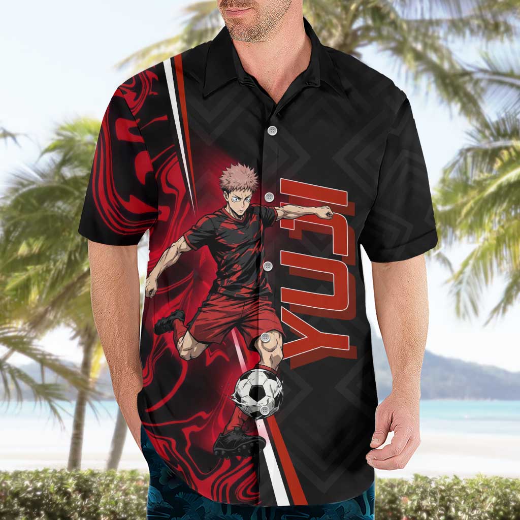 Personalized Yuji Itadori Jujutsu Kaisen Soccer Theme Hawaiian Shirt with Dynamic Kick Pose and Red Black Flame Graphic Design - The Mazicc