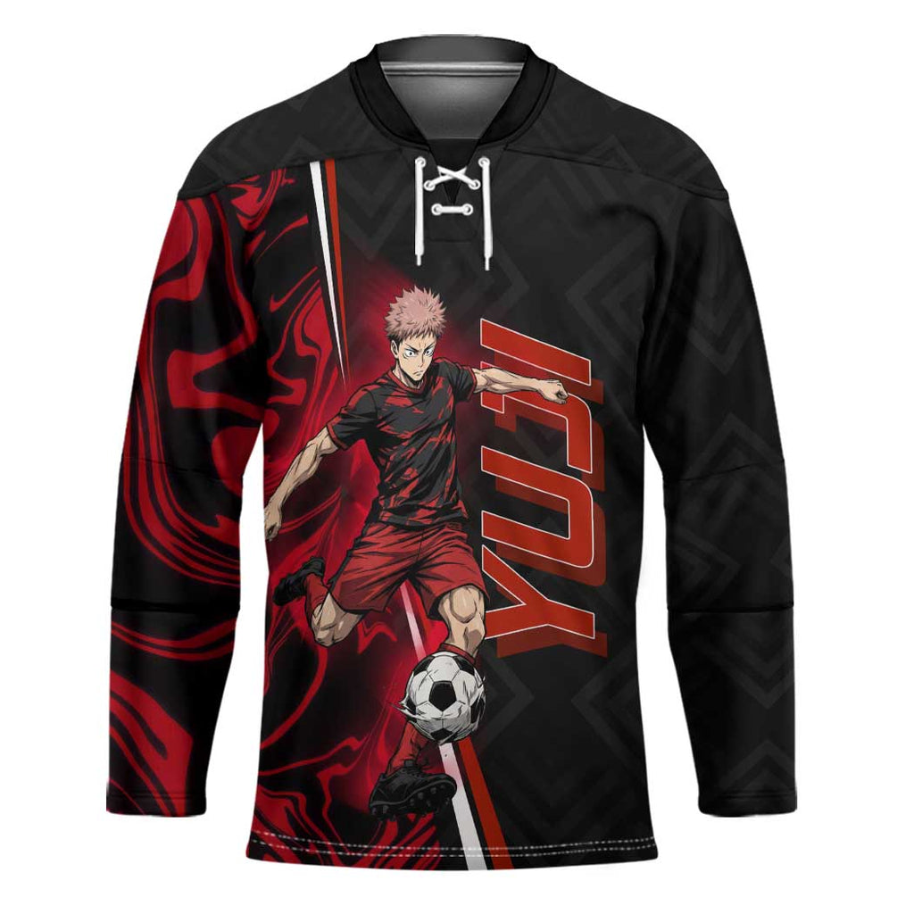Personalized Yuji Itadori Jujutsu Kaisen Soccer Theme Hockey Jersey with Dynamic Kick Pose and Red Black Flame Graphic Design - The Mazicc