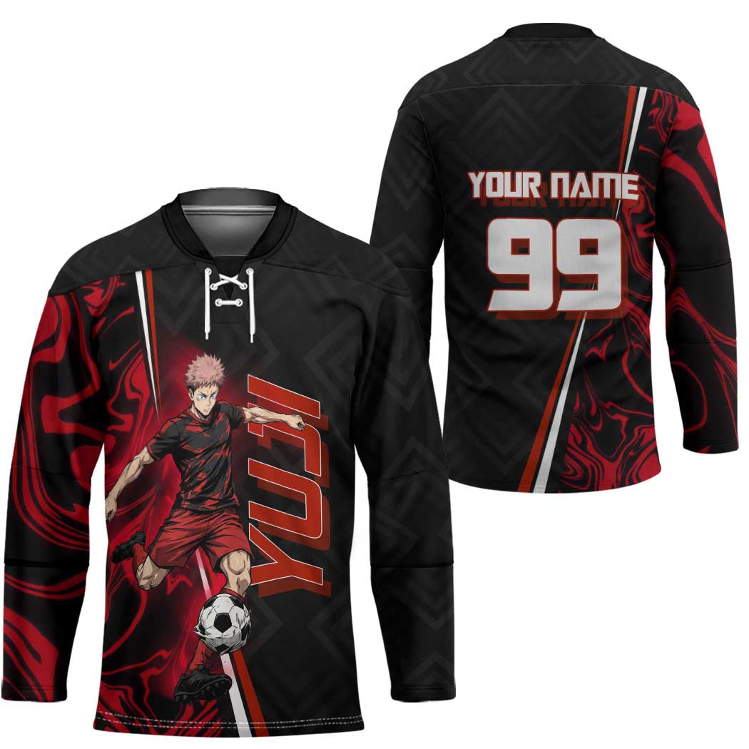 Personalized Yuji Itadori Jujutsu Kaisen Soccer Theme Hockey Jersey with Dynamic Kick Pose and Red Black Flame Graphic Design - The Mazicc