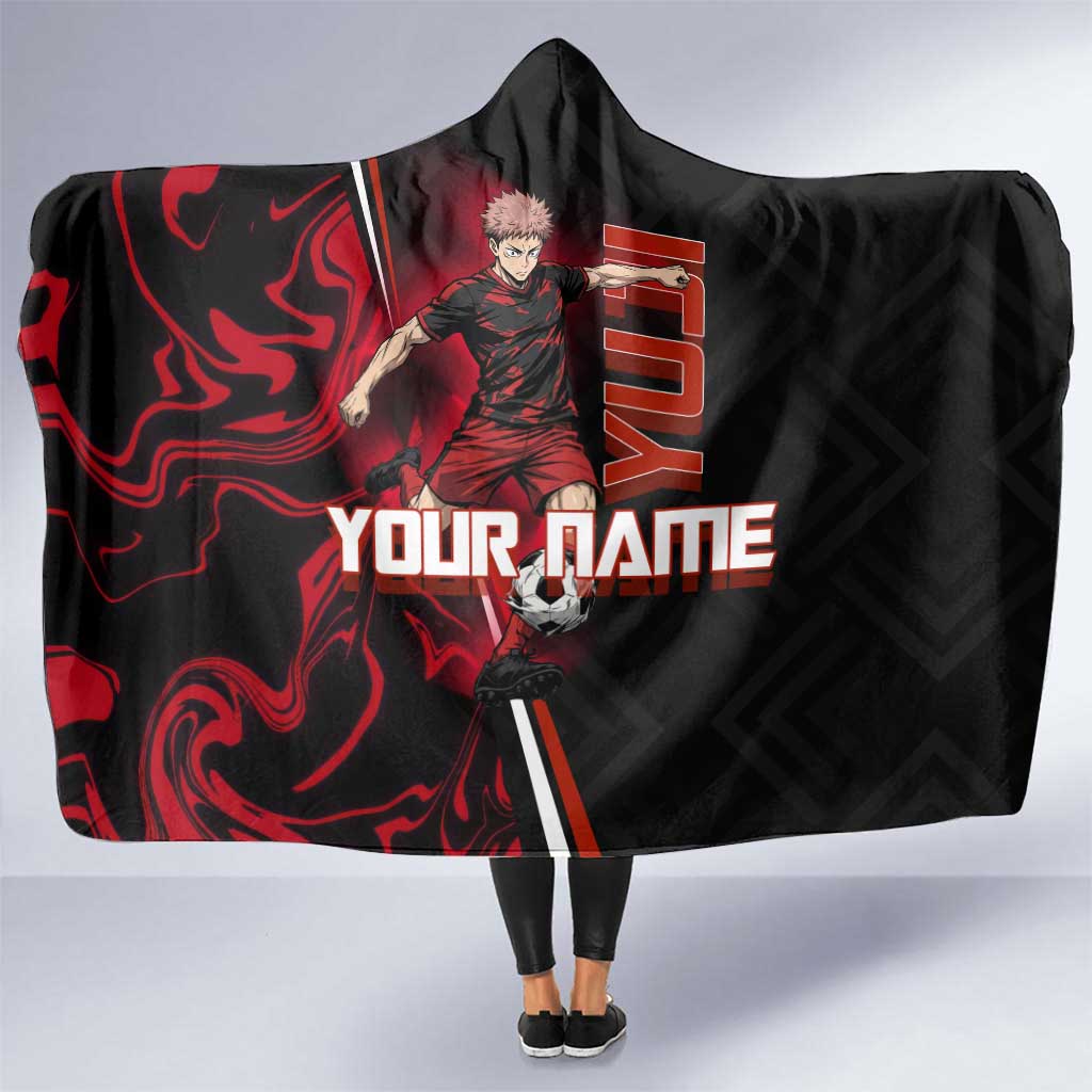 Personalized Yuji Itadori Jujutsu Kaisen Soccer Theme Hooded Blanket with Dynamic Kick Pose and Red Black Flame Graphic Design - The Mazicc