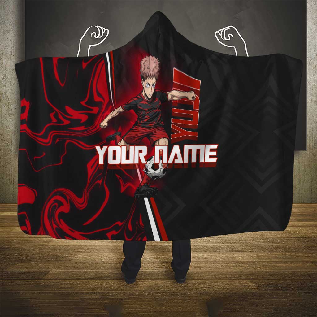 Personalized Yuji Itadori Jujutsu Kaisen Soccer Theme Hooded Blanket with Dynamic Kick Pose and Red Black Flame Graphic Design - The Mazicc