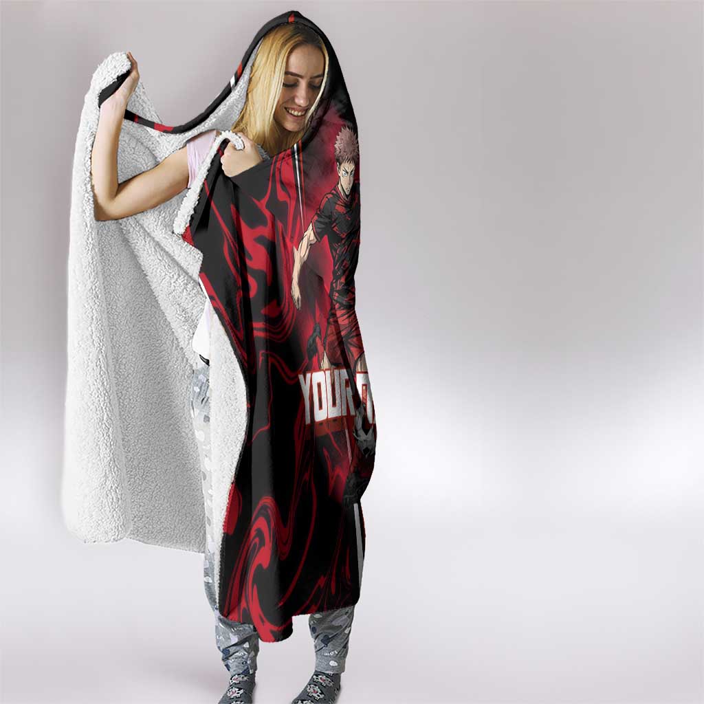 Personalized Yuji Itadori Jujutsu Kaisen Soccer Theme Hooded Blanket with Dynamic Kick Pose and Red Black Flame Graphic Design - The Mazicc