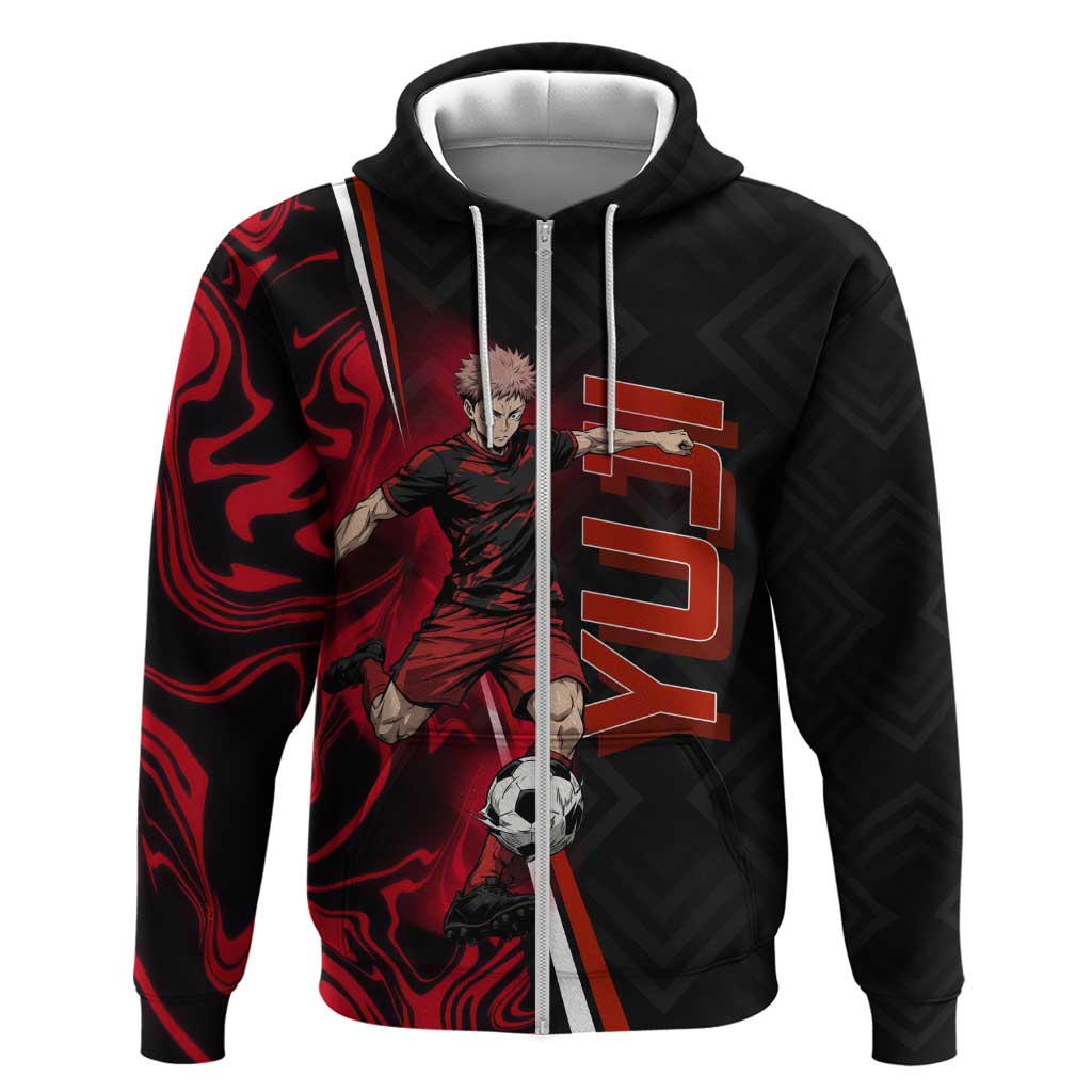 Personalized Yuji Itadori Jujutsu Kaisen Soccer Theme Hoodie with Dynamic Kick Pose and Red Black Flame Graphic Design - The Mazicc