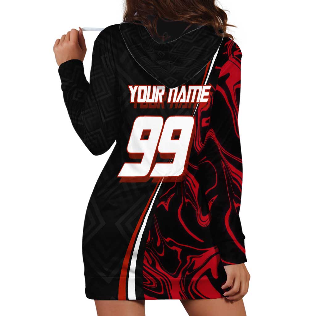 Personalized Yuji Itadori Jujutsu Kaisen Soccer Theme Hoodie Dress with Dynamic Kick Pose and Red Black Flame Graphic Design - The Mazicc