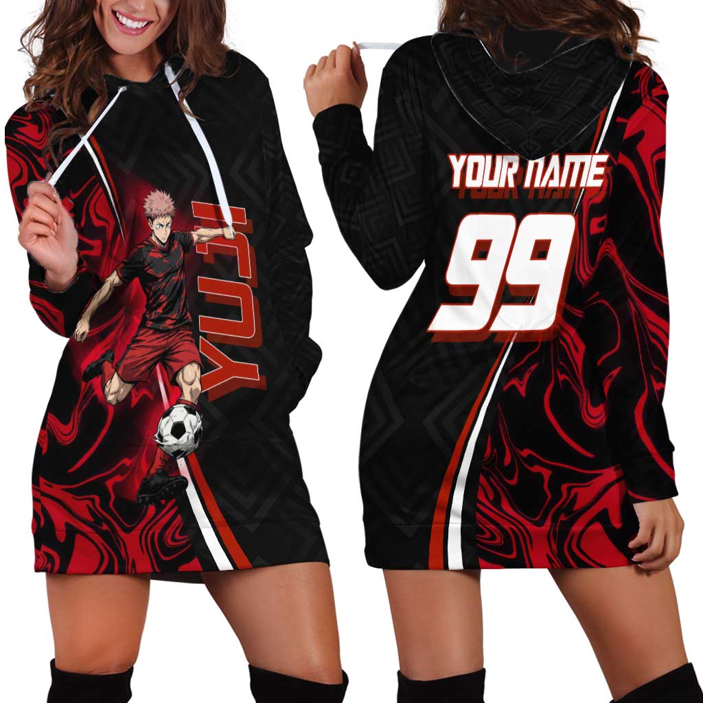 Personalized Yuji Itadori Jujutsu Kaisen Soccer Theme Hoodie Dress with Dynamic Kick Pose and Red Black Flame Graphic Design - The Mazicc