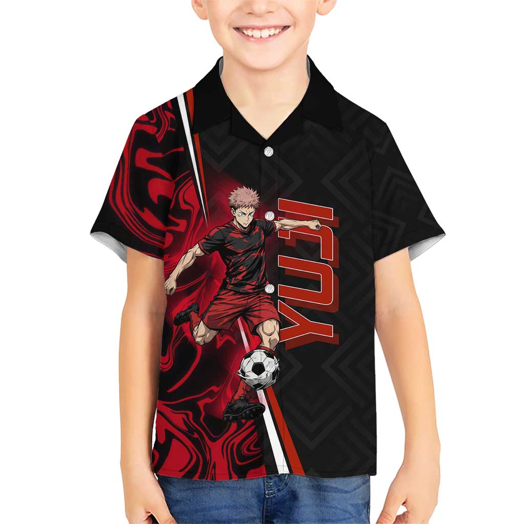 Personalized Yuji Itadori Jujutsu Kaisen Soccer Theme Kid Hawaiian Shirt with Dynamic Kick Pose and Red Black Flame Graphic Design - The Mazicc