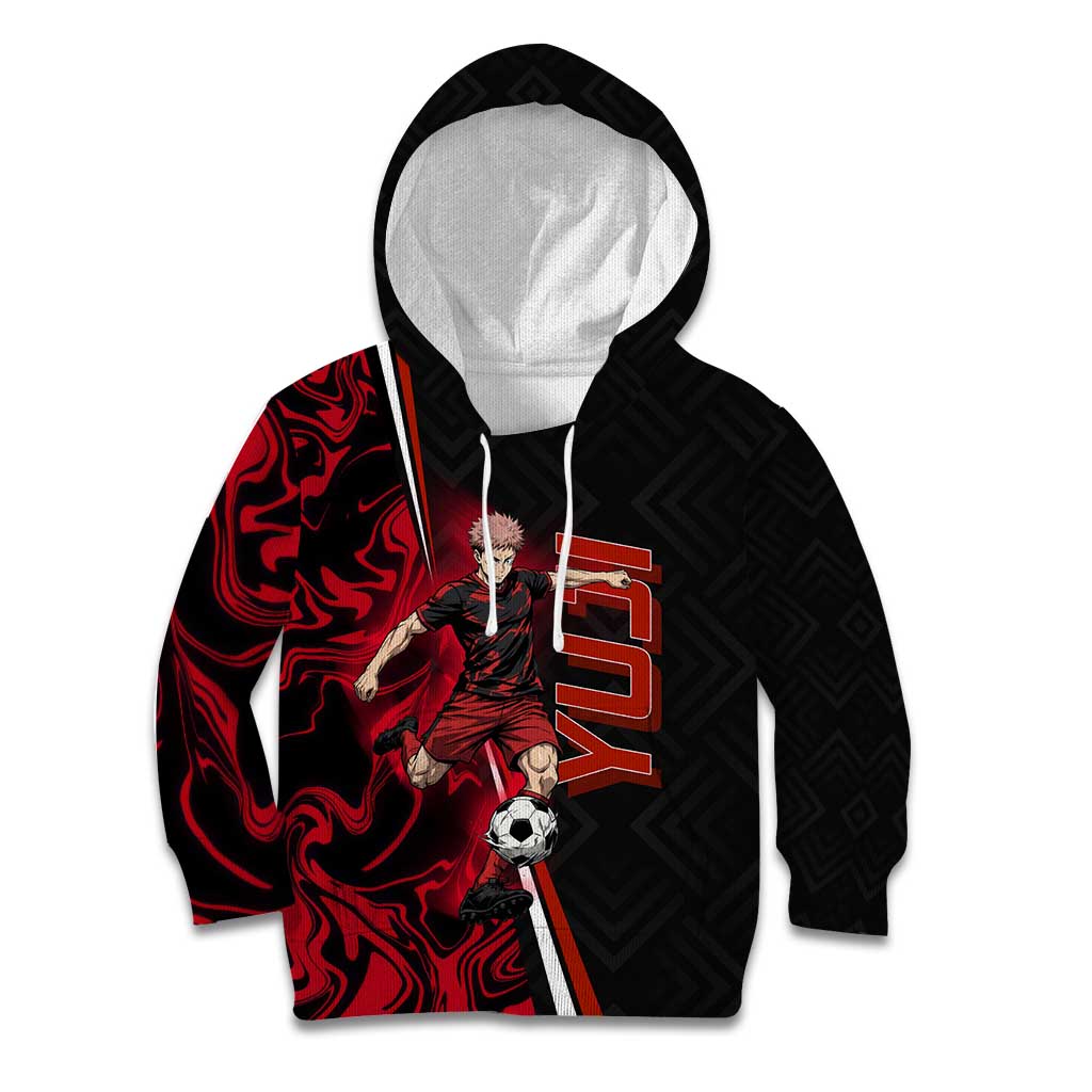 Personalized Yuji Itadori Jujutsu Kaisen Soccer Theme Kid Hoodie with Dynamic Kick Pose and Red Black Flame Graphic Design - The Mazicc