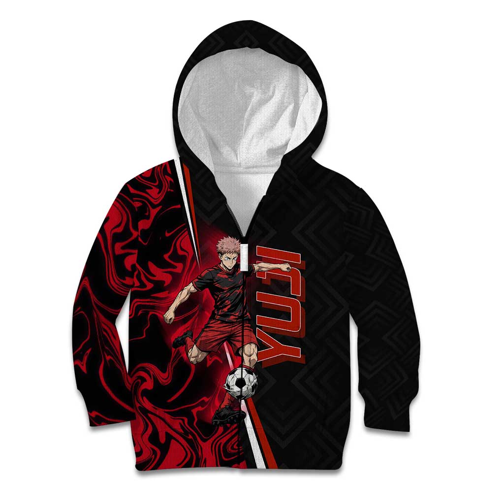 Personalized Yuji Itadori Jujutsu Kaisen Soccer Theme Kid Hoodie with Dynamic Kick Pose and Red Black Flame Graphic Design - The Mazicc