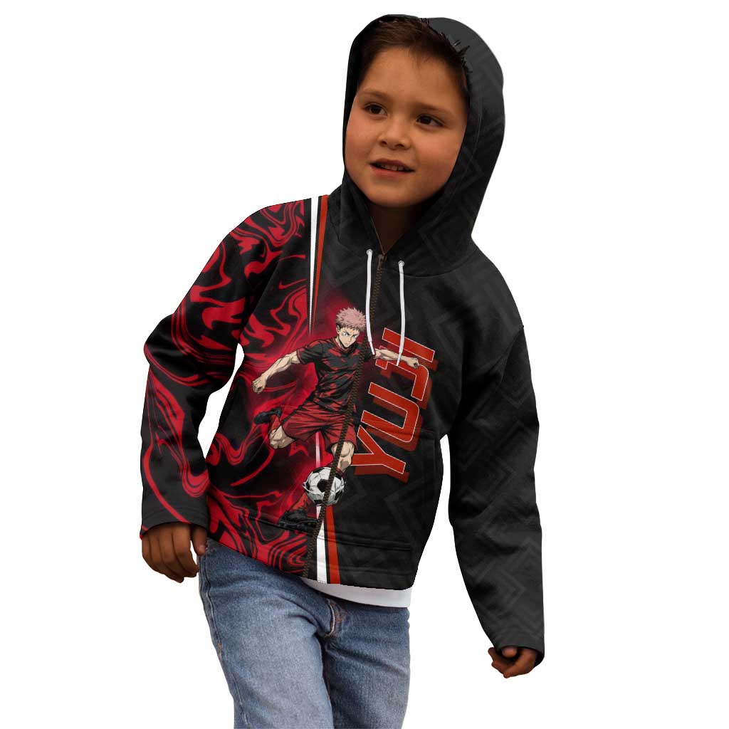 Personalized Yuji Itadori Jujutsu Kaisen Soccer Theme Kid Hoodie with Dynamic Kick Pose and Red Black Flame Graphic Design - The Mazicc