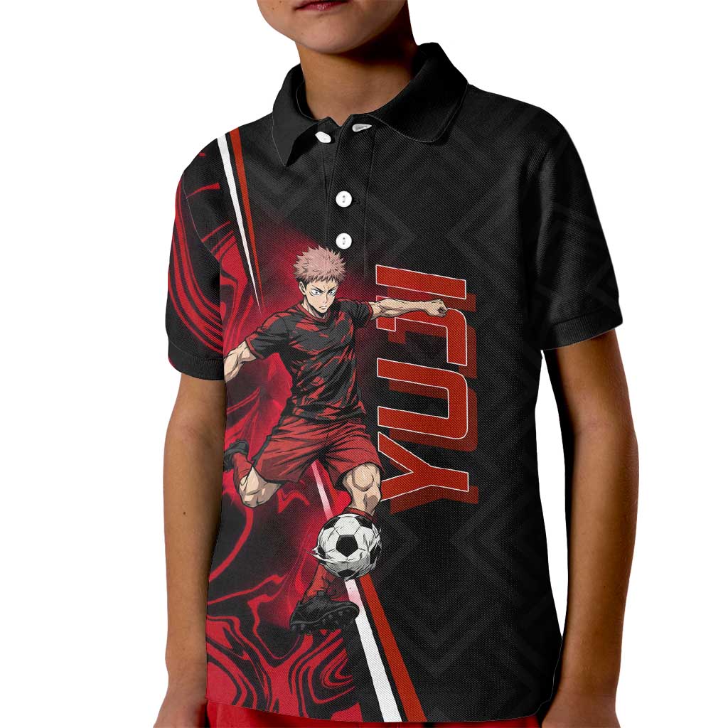 Personalized Yuji Itadori Jujutsu Kaisen Soccer Theme Kid Polo Shirt with Dynamic Kick Pose and Red Black Flame Graphic Design - The Mazicc