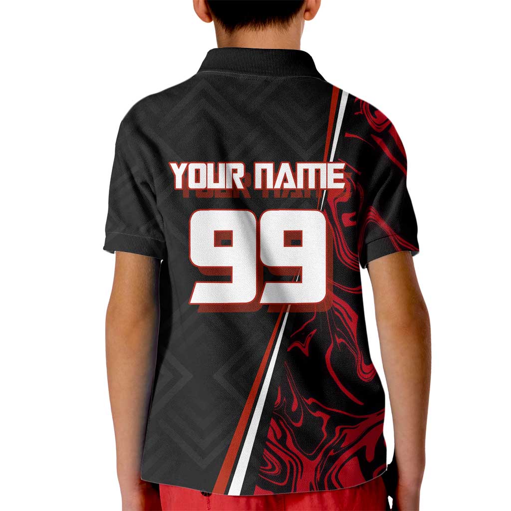 Personalized Yuji Itadori Jujutsu Kaisen Soccer Theme Kid Polo Shirt with Dynamic Kick Pose and Red Black Flame Graphic Design - The Mazicc